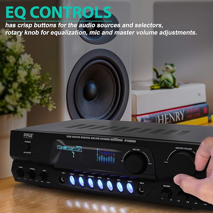 Pyle 200W Home Audio Power Amplifier - Stereo Receiver w/AM FM Tuner, 2 Microphone Input w/Echo for Karaoke, Great Addition to Your Home Entertainment Speaker System - PT260A.5