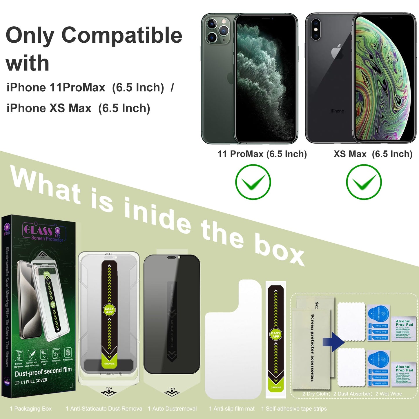 SY SHANGYAN 2 Pack Anti-Spy Privacy Screen Protector for iPhone 11 Pro Max/XS Max(6.5-Inch),9H Tempered Glass,Full Coverage,Anti-Fingerprint,Auto Dust Removal,Bubble-Free,Easy Installation