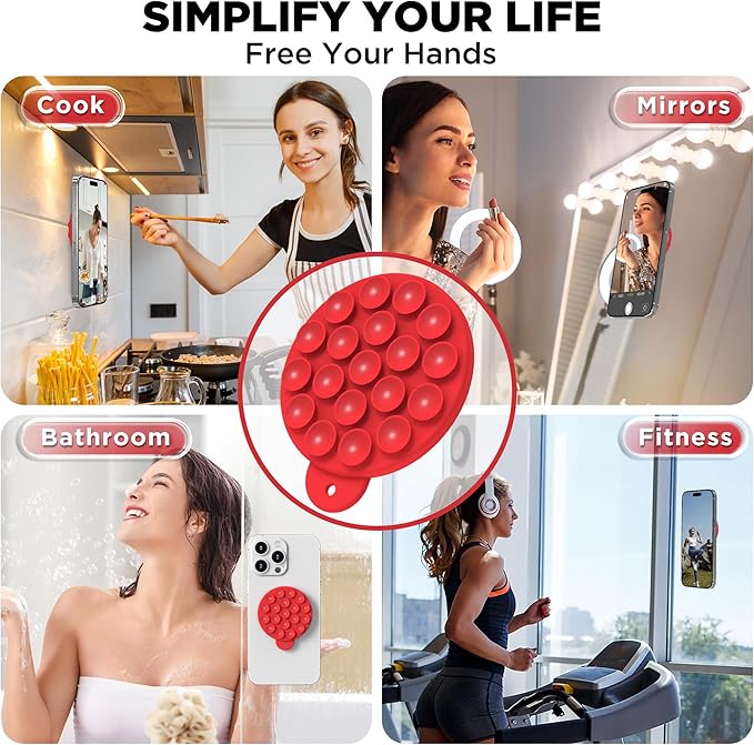 Magnetic Suction Cup Phone Mount for MagSafe Case, Silicone Hands-Free Phone Grip Holder for iPhone and Android, Mirror Shower Phone Stand for Makeup FaceTime Gym Kitchen Bathroom, Red