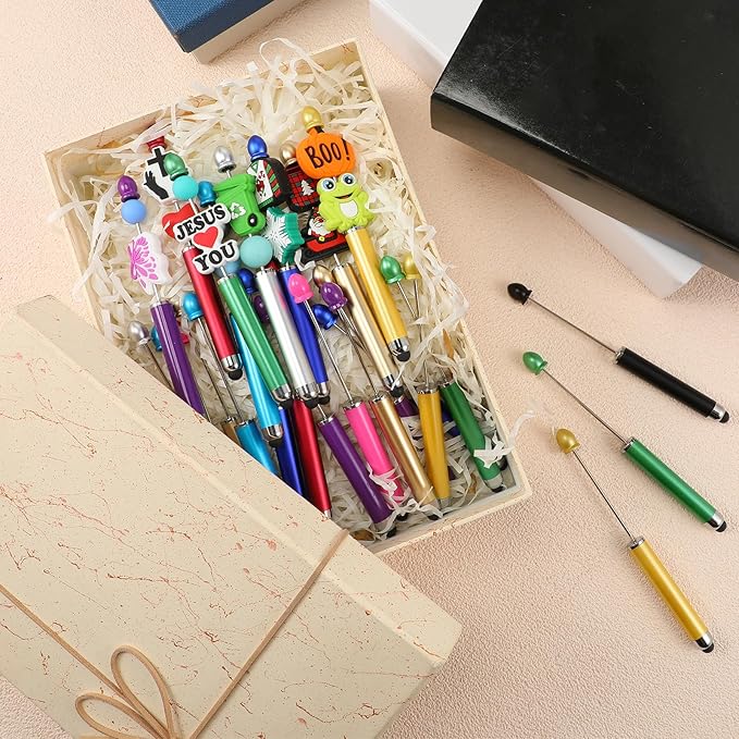 Qilery 30 Pcs Beaded Pens with Stylus Tips Plastic Beaded DIY Stylus 2-in-1 for Rubber Touch Screen Handwriting Ballpoint Pen 1.0mm, Black Ink, Office Supplies(Colorful)
