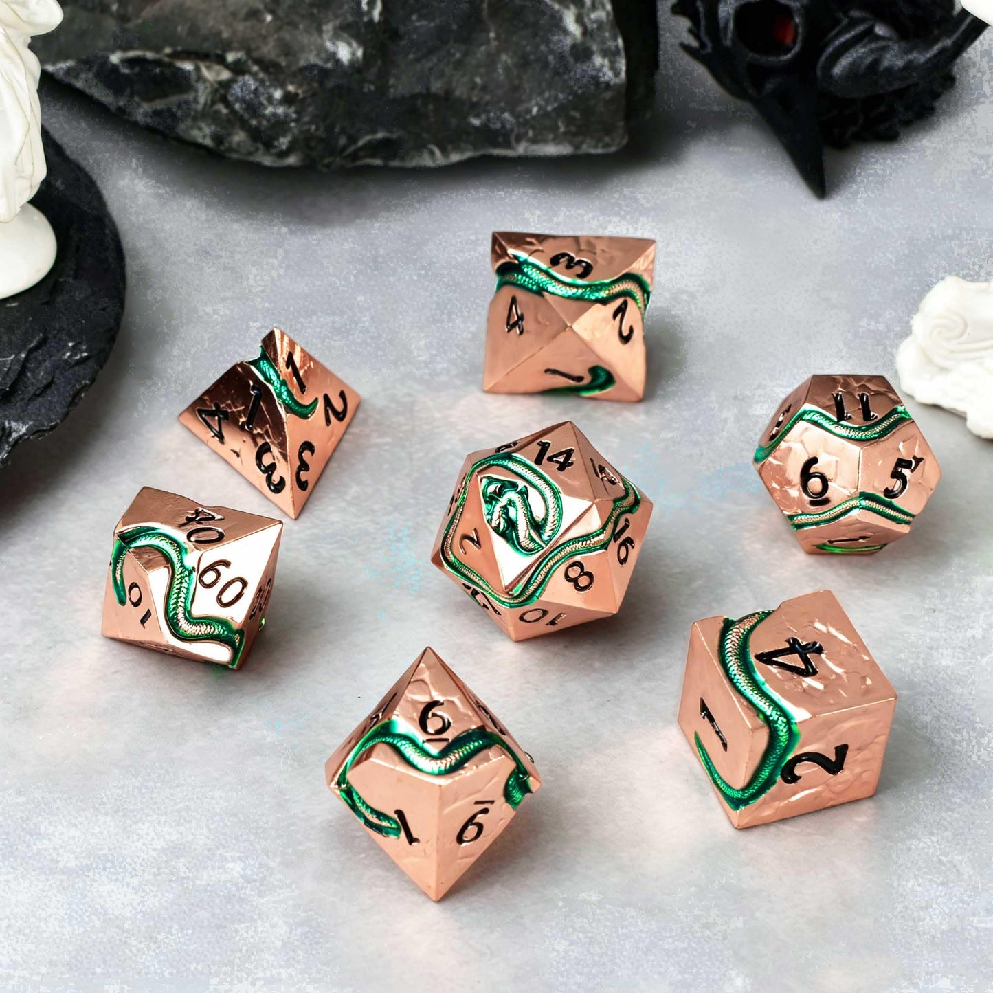 RULE DICE Serpent's Embrace Metal DND Dice Set - 7pc Polyhedral D&D Dice for TTRPGs Like Dungeons and Dragons and Pathfinder - Emerald Green Snake Design, Heavy & Balanced for Tabletop Gaming