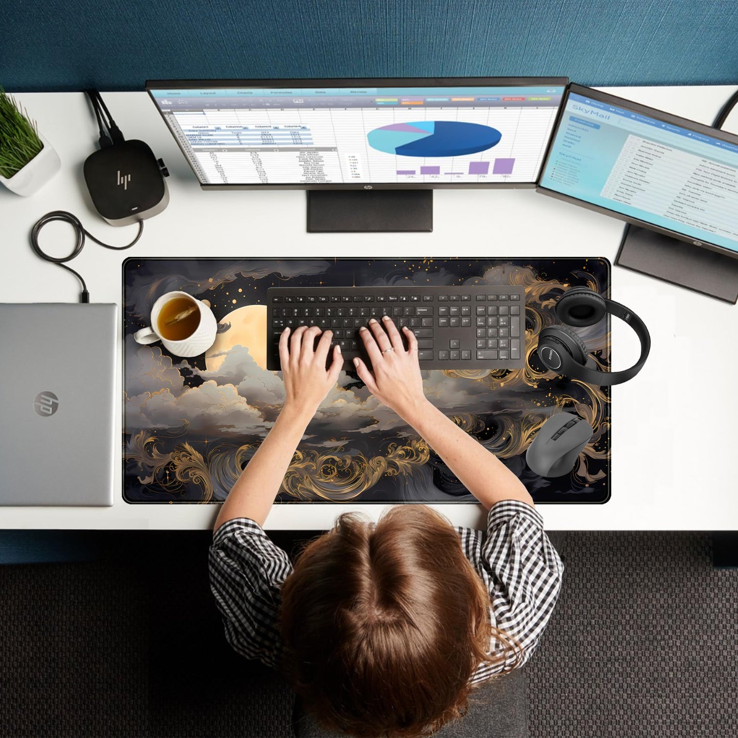 DKPXFG Golden Moon Desk Pad Black Desk Mat XXL Mouse Gaming Pads, Starry Sky Keyboard Pads Extra Large Desktop Computer Mats with Non-Slip Base & Stitched Edges, Vintage Office Decor 31.5" x 15.7"