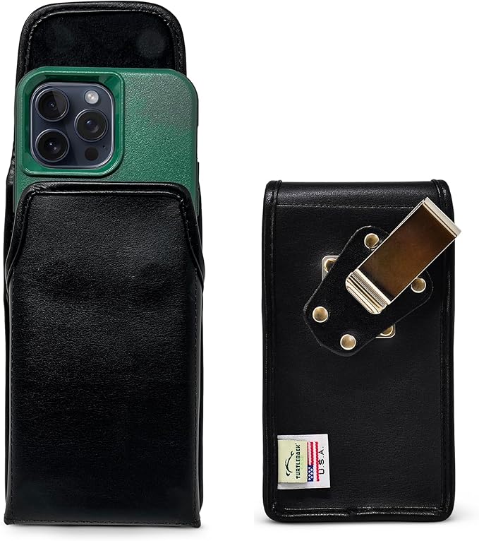 Turtleback Belt Holder for iPhone 16 Pro Max, 15 Pro Max, 14 Pro Max -Large- Fits w/Defender Bulky Style Cases, Premium Black Leather Vertical Holster, Magnetic Closure Leather Wrapped Clip