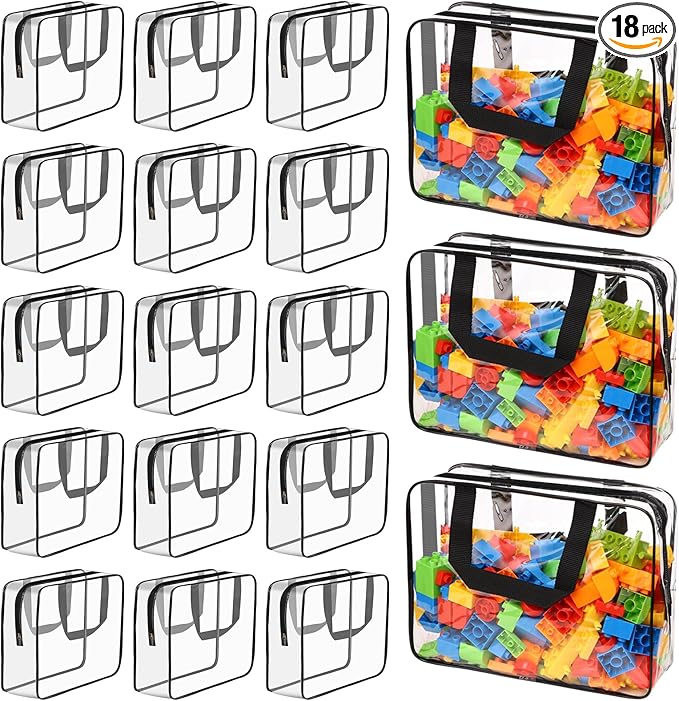 10 Packs Large Toy Storage Bags with Labels, Waterproof Clear PVC Storage Bags for Toys, Travel Organizer Bags with Zipper Closure for Puzzles, Building Blocks, Kids' Books