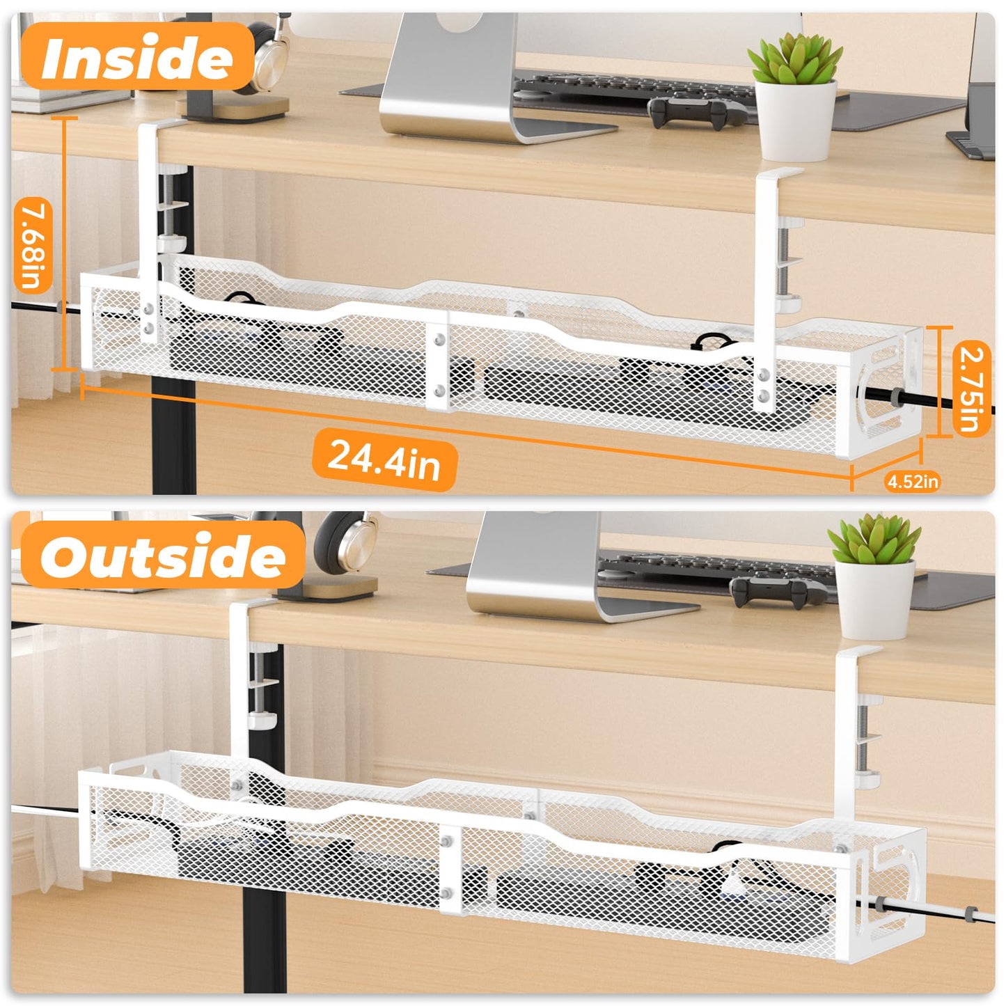 Under Desk Cable Management Tray, No Drill Steel Desk Cable Organizers, Wire Management Tray Cable Management Rack (24.4" Length-White)