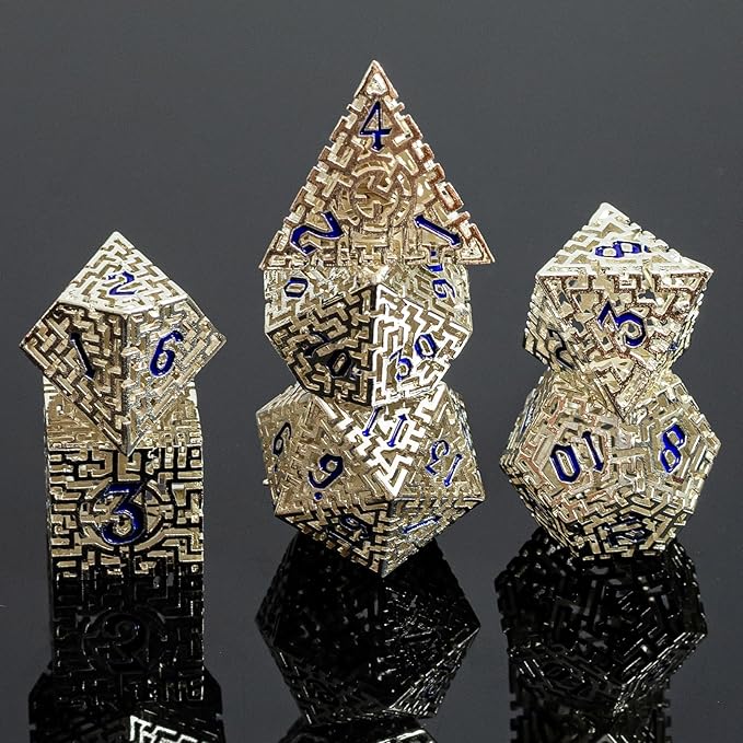 Rolledomain Metal Hollow DND Dice Set with A Gift Box, Silver Metallic Luster Maze Design, Ideal DND Dice Set for D&D DM and Players, Perfect for Dungeons and Dragons, MTG, COC Game Meetings (Cleric)