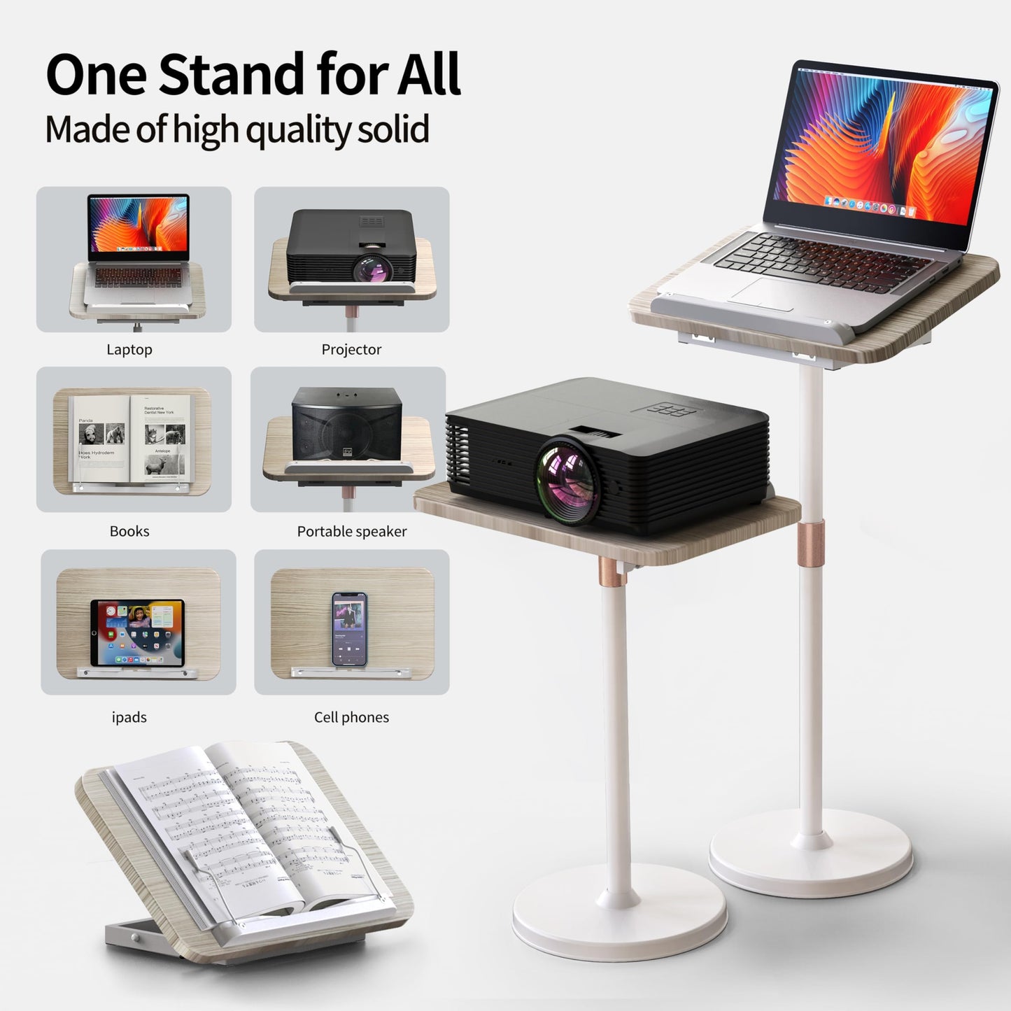 NAMON 2 in 1 Portable Laptop Floor Stand & Laptop Stand for Desk, Small Adjustable Table with Height Adjustable from 16.5" to 51", Wooden Laptop Stand White for Home, Office, Meeting Room, Study