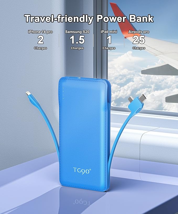 TG90° 10000mah Power Bank Portable Charger with Built-in Cables, Portable Phone Charger Battery Backup Compatible with iPhone 16 15 14 13 12 and Android Phones