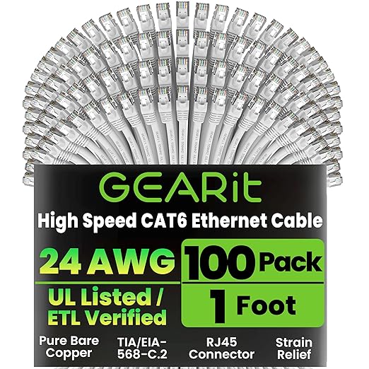 GEARit Cat6 Patch Cables 1.5 ft Black (100 Pack) - Cat 6 Cables 1.5ft Black/Ethernet Cable, 10Gbps 550MHz 24AWG Pure Copper, Snagless, Gold Plated RJ45 for Router, Server, Router, PC