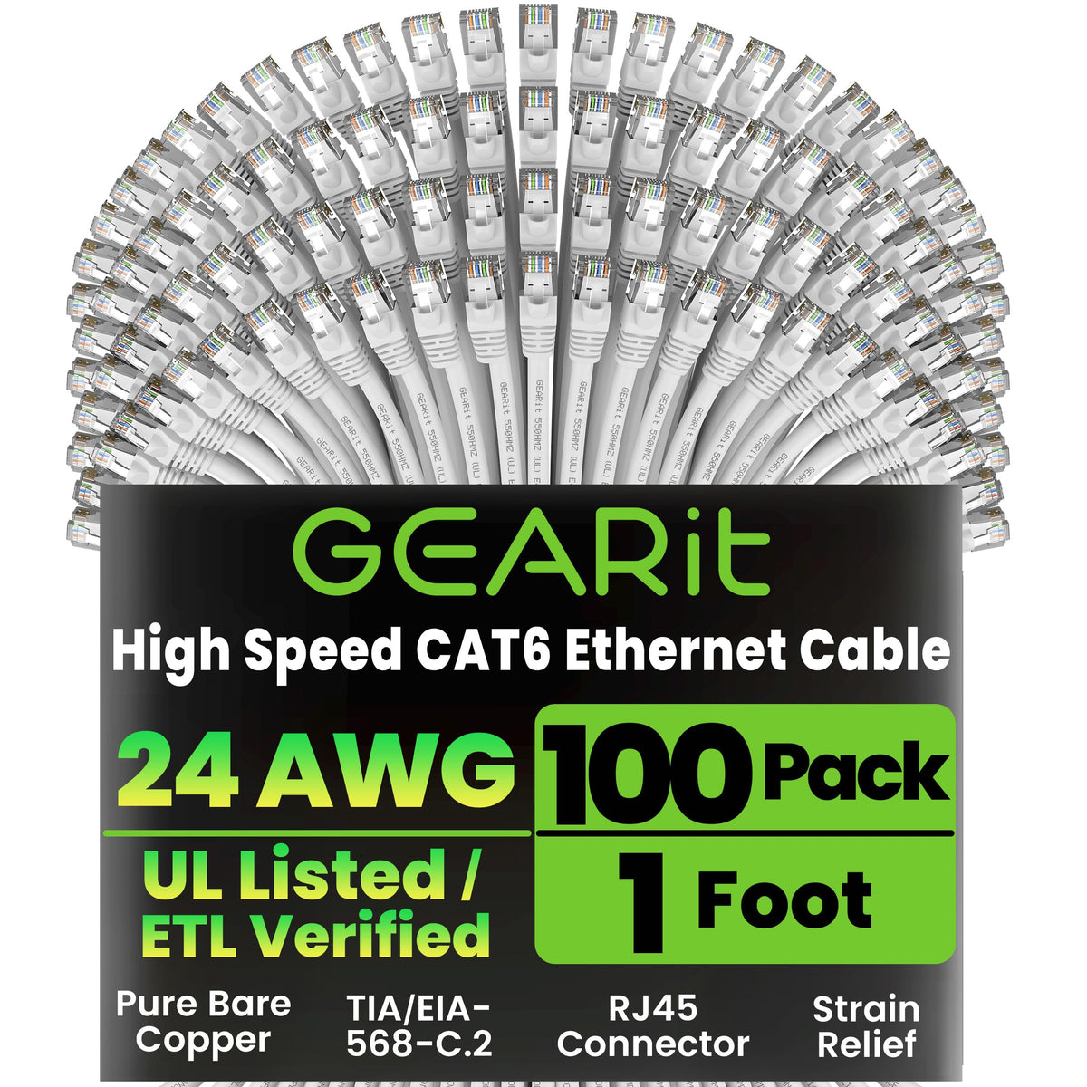 GEARit Cat6 Patch Cables Cat 6 Ethernet Cable 1.5 ft 100-Pack Black