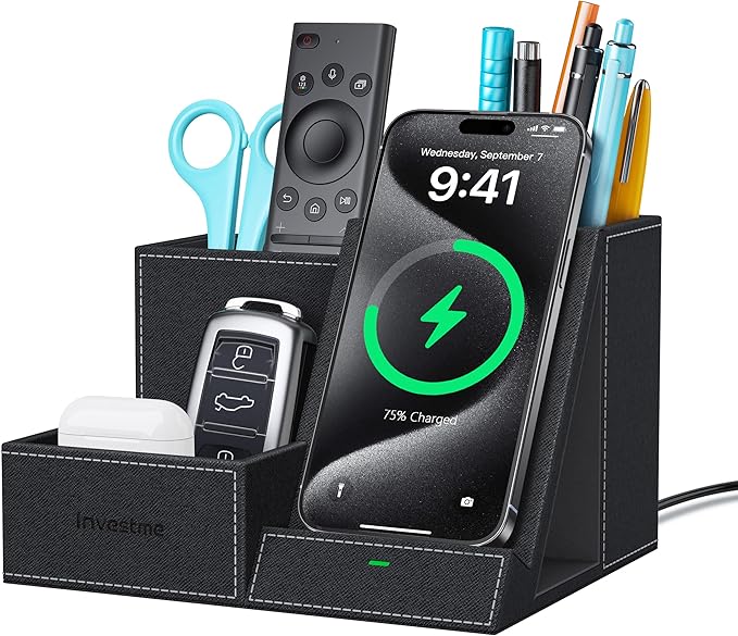 Investme Wireless Charger with Desk Organizer, Pen Pencil Holder, Multifunctional Desktop Organizer, Office Supplies and Desk Accessories Organizer with 3 Compartments and 1 Phone Stand