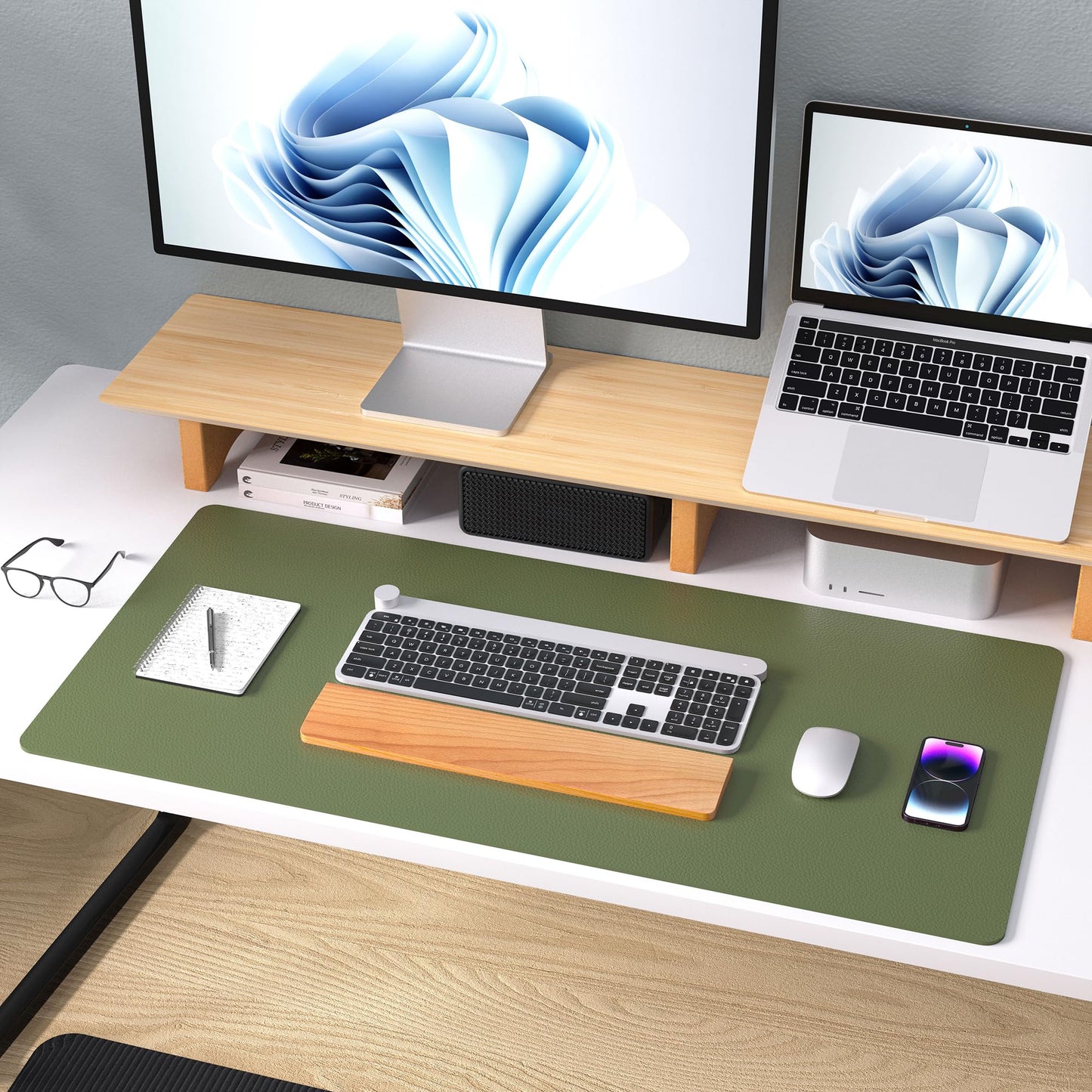 Aothia Desk Protector Mat, Mouse Pad, Non-Slip Waterproof PU Leather Desk Blotter, Laptop, Writing for Office and Home (23.6" x 13.7", Olive Green)