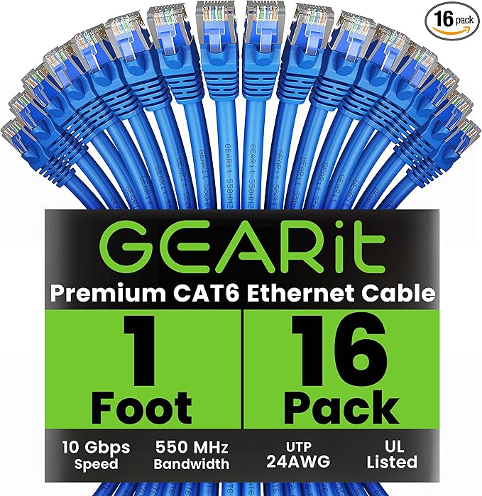GEARit Cat 6 Ethernet Patch Cable 3 ft Black (16 Pack) - Cat6 Patch Cables 3 ft Black/Ethernet Patch Cable, 10Gbps 24AWG Pure Copper, Snagless RJ45 for Router, Switch, PC, PS5, Server