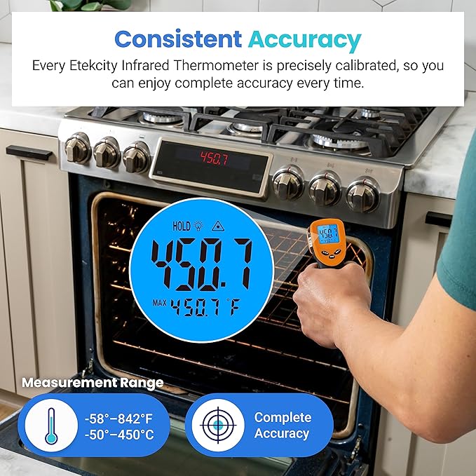 Etekcity Infrared Temperature Thermometer Gun, Laser Food Temp Gun for Pizza Oven, Griddle, Grill, Meat, Candy, Vehicle's Engine, Surface Temp Reader -58ยฐF to 842ยฐF, Orange