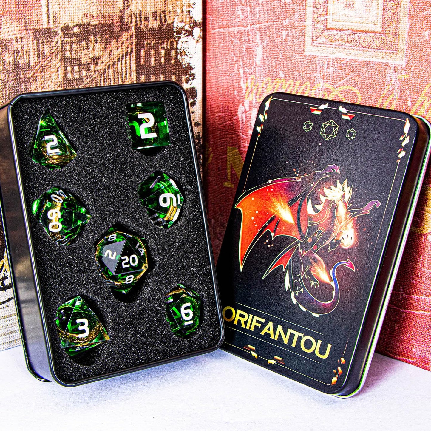 ORIFANTOU Magic Golden Ring DND Dice Set with Case, Green Resin Sharp Edge D and D Dice for use with D&D Tabletop Games Lord Handmade Polyhedral Dice Set D20 D12 D10 D8 D6 D4