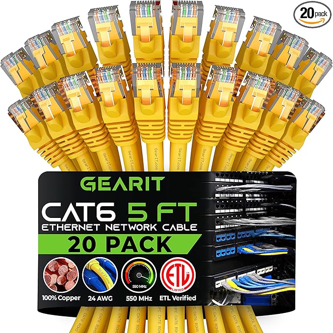 GEARit Cat 6 Ethernet Patch Cable 1 ft Purple (20 Pack) Cat6 Patch Cables 1ft Purple/Ethernet Patch Cable, 10Gbps 550MHz 24AWG Pure Copper, Snagless, Gold Plated RJ45 for Router, Server, Router, PC