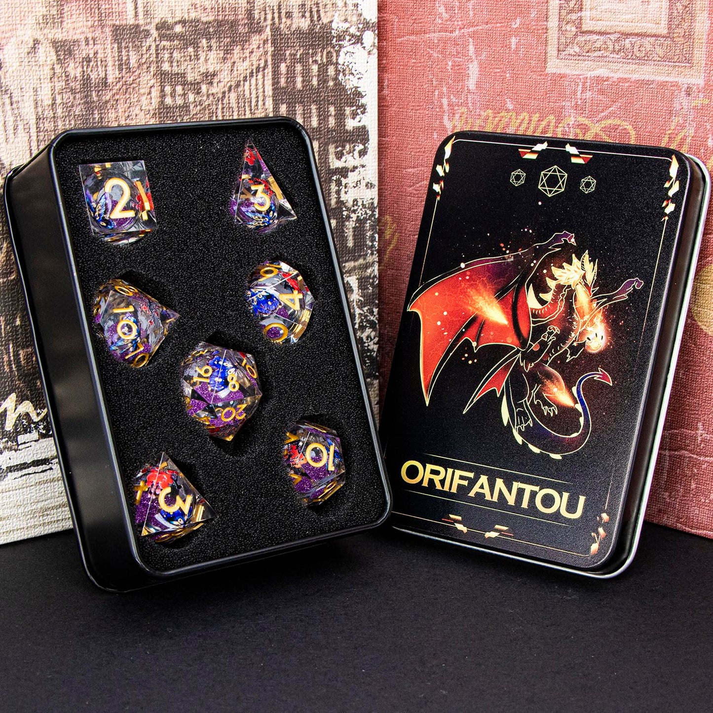 Butterfly DND Dice Purple Liquid Core Dice Set with Metal Box, Handmade Sharp Edge D and D Polyhedral Dice for use with D&D Role Playing Game, D20 D12 D10 D8 D6