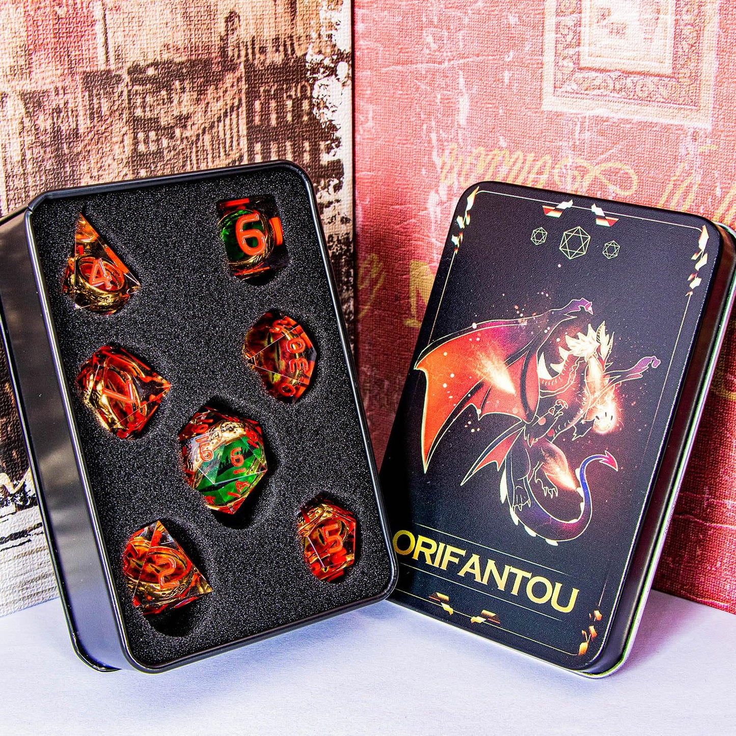 ORIFANTOU Magic Golden Ring DND Dice Set Sharp Edge Red Gaze Eye Resin Dice with Box, for use with RPG D&D Tabletop Games Lord D and D Polyhedral Dice Set