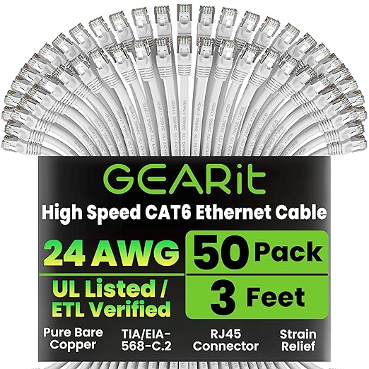 GEARit Cat 6 Ethernet Cable Pack - 50-Pack 2 ft Cat6 Ethernet Patch Cables | RJ45 Network Patch Cable, 10 Gbps Snagless Gold-Plated Connectors - Ethernet Cable Cat 6 for PC, TV