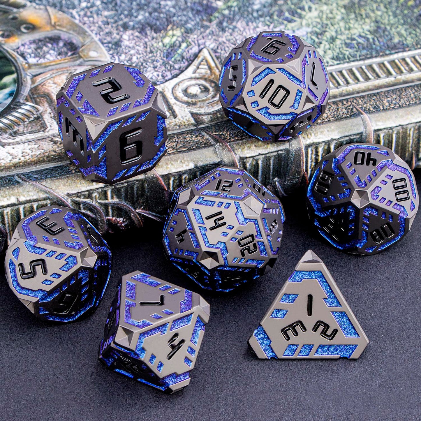 OGCOPHEN Metal DND Sci-fi Dice Set 7PCS Stripe Polyhedral Dice for Dungeons Dragons RPG Role Playing Game, Glitter D and D Dice with Gift Box D6 D8 D10 D12 D20 (Black&Blue Purple)