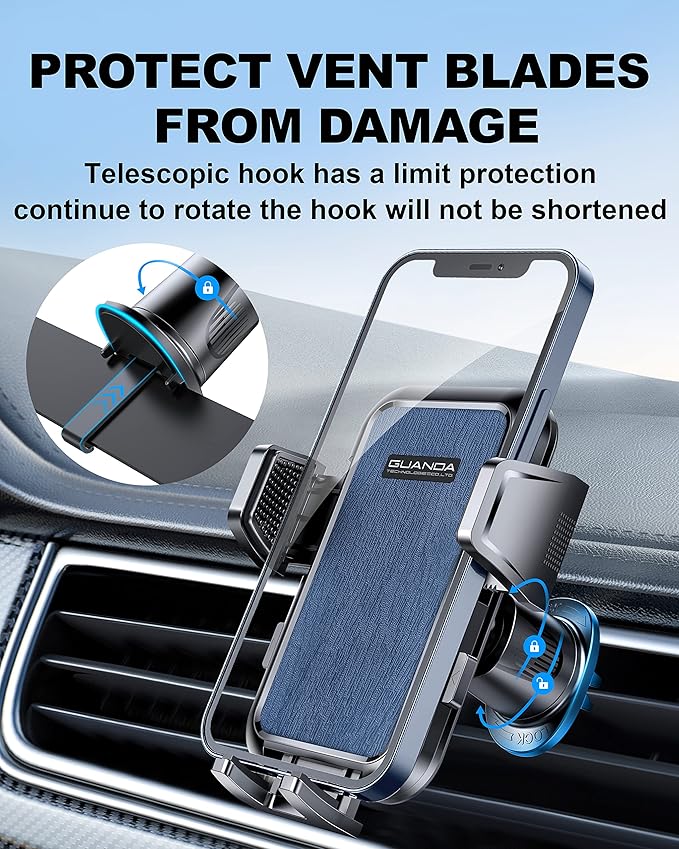 Car Phone Holder Vent Clip, Adjustable Clamp, One-Hand Release, Rotatable