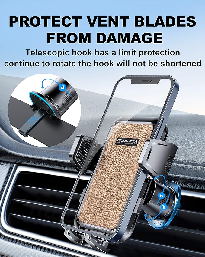 Air Vent Car Phone Holder, Adjustable Wide Clamp, Metal Hook, Anti-Shake