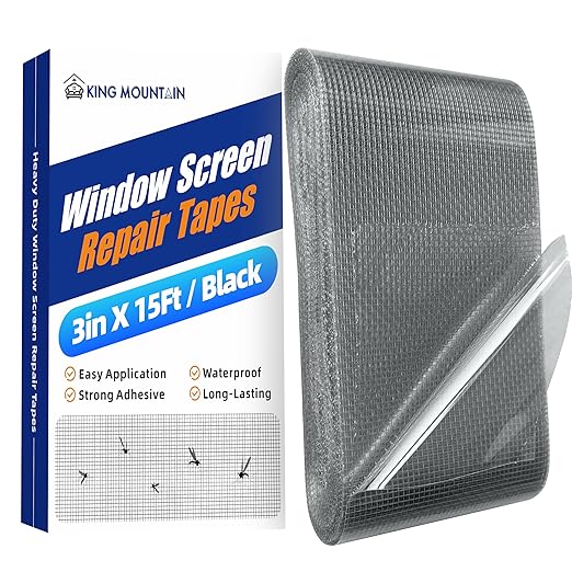 KING MOUNTAIN Black Window Screen Repair Tape,3inX20FT Heavy Duty Screen Repair Kit for Window Screen and Screen Door Tears Holes,Strong Adhesive & Waterproof Window Screen Patch