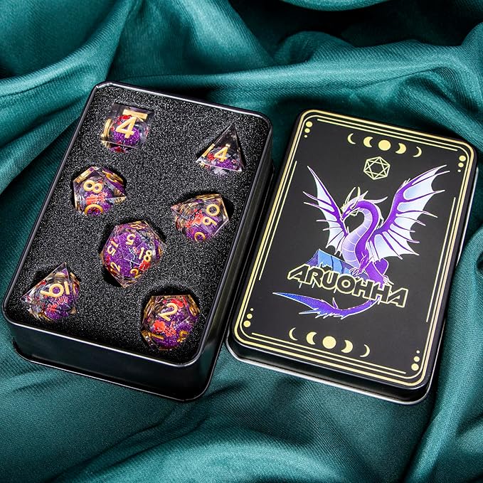 ARUOHHA DND Resin Dice Plum Blossom Liquid Core Purple Sharp Edged Polyhedral Dragons Dice Set with Gift Box, Dungeons D and D Dice Role Playing Game D20 D12 D10 D8 D6 D4