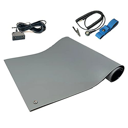RubberStat Dual Layer ESD Compliant Workstation Rubber Table Mat Kit, Soldering, Cell Phone Repair, with Wrist Strap Set and Ground Cord - 36"x72" Grey