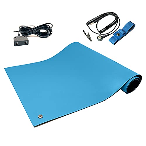 RubberStat Dual Layer ESD Compliant Workstation Rubber Table Mat Kit, Soldering, Cell Phone Repair, with Wrist Strap Set and Ground Cord - 30"x48" Blue