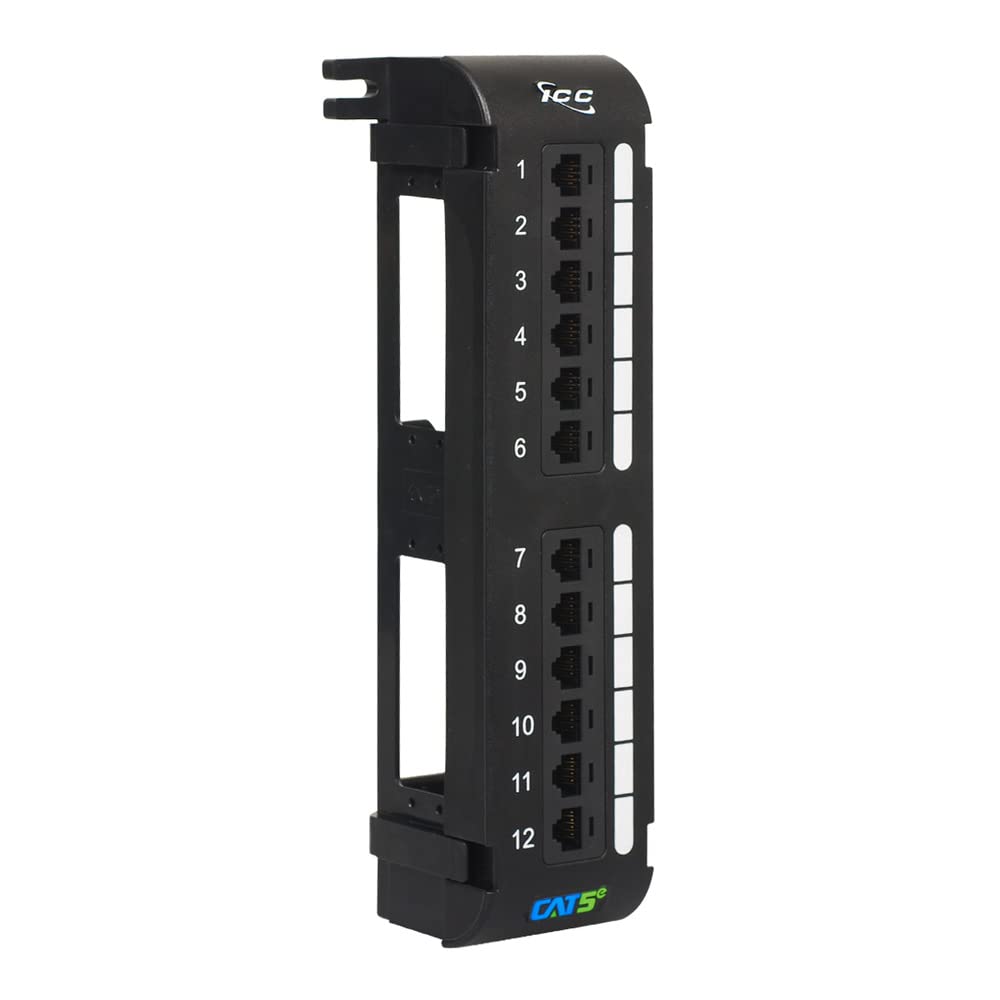 ICC CAT6 RJ45 Patch Panel, 12-Port Wall Mount Rear IDC, Black, 1-Pack