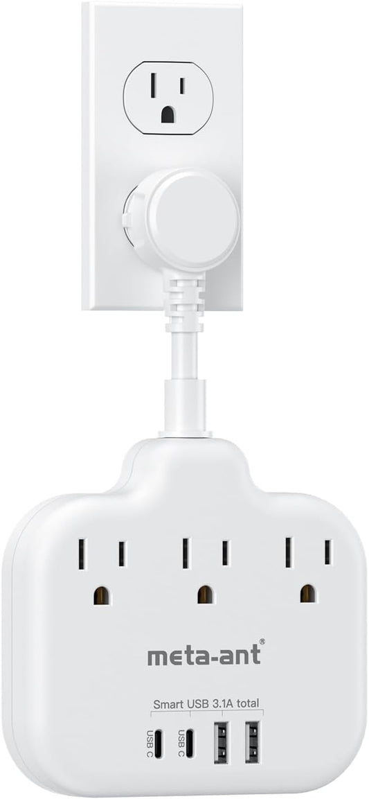 Short Extension Cord 3 Inch, Flat Plug Small Power Strip with 3 AC & 4 USB(1 USB-C), 1875W/15A, Multi Plug Outlet Extender, Non-Surge Protection for Cruise Travel Dorm Kitchen, White