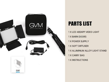 GVM 480 LED Video Light with Tripod, Dimmable 2300K-6800K LED Video Lighting with APP Control, SLED Photography Continuous Light for Studio Light for Studio YouTube Video Studio Set, Video Lamp