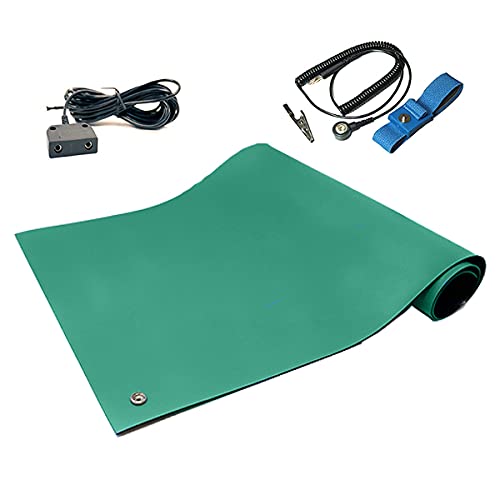 RubberStat Dual Layer ESD Compliant Workstation Rubber Table Mat Kit, Soldering, Cell Phone Repair, with Wrist Strap Set and Ground Cord - 24"x72" Green