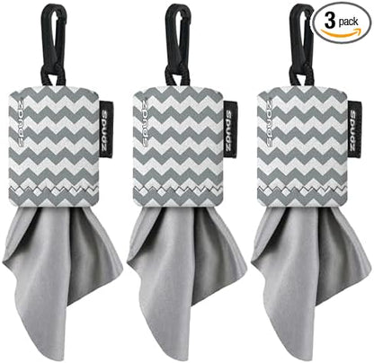 SPUDZ Classic Microfiber Lens Cleaner – Clip-On Pouch, Washable – for Binoculars, Scopes, Glasses, Screens | Gray Chevron, 6 x 6 Inch (3-Pack)