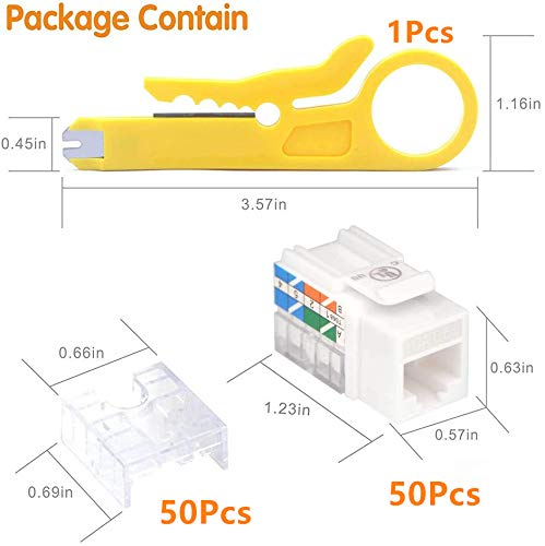 VCE Cat6 RJ45 Keystone Jacks UL Listed 50-Pack, Punch Down Ethernet Wall Jack 90-Degree Adapter in White with 1-Pack Wire Stripper Cutter