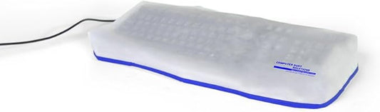 Keyboard Dust Cover, Covers Standard Size PC Keyboards, Silky Smooth Antistatic Vinyl, Translucent Coconut Cream Color with Blue Trim, Larger, (18W x2H x7D)
