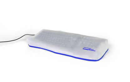 COMPUTER DUST SOLUTIONS Keyboard Dust Cover, Covers Standard Size PC Keyboards, Silky Smooth Antistatic Vinyl, Translucent Coconut Cream Color with Blue Trim, Larger, (18W x2H x7D)