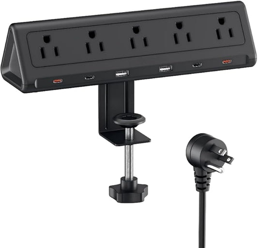 6.5 FT Desk Clamp Power Strip with 5 AC Outlets & 6 USB Ports PD 40W USB-C Fast Charging, Extension Cord with Multiple Outlets, Fits 2.1 in top Edge Black