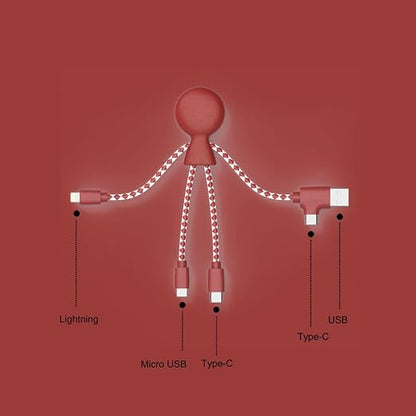 Multi USB Cable 4 in 1 - Universal Charger Made from Recycled Plastic - USB, USB-C, Lighting, Micro USB Ports - Compatible with All Smartphones Mr Bio RED Octopus