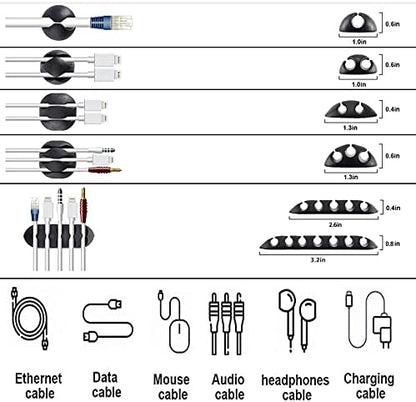 Cord Management Organizer Kit 4 Cable Sleeve split with 41Self Adhesive Cable Clips Holder, 10pcs and 2 Roll Self Adhesive tie and 100 Fastening Cable Ties for TV Office Car Desk Home