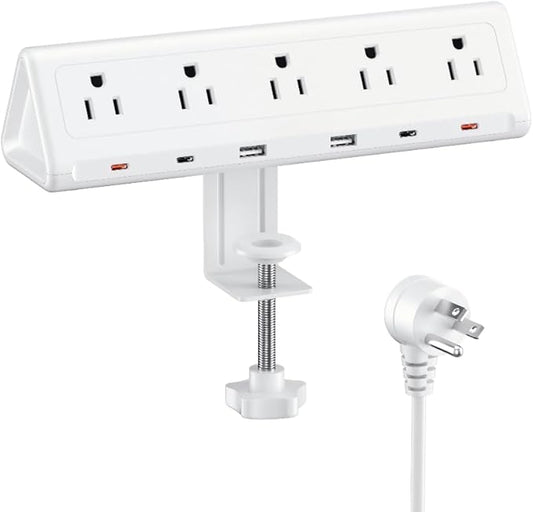 6.5 FT Desk Clamp Power Strip with 5 AC Outlets & 6 USB Ports PD 40W USB-C Fast Charging, Extension Cord with Multiple Outlets, Fits 2.1 in top Edge White