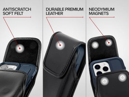 Turtleback Belt Holder for iPhone 16 Pro, 16e, 15 pro 14 Pro 13 Pro -Large- Fits w/Defender Bulky Style Cases, Premium Black Leather Vertical Holster, Magnetic Closure Leather Wrapped Belt Clip