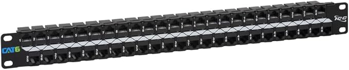 ICC CAT6 Feed-Through Patch Panel, 48 Port, 1U Rackmount, RJ45 Ethernet Patch Panel, No Punch Down, PoE++ and TAA Compliant, Black