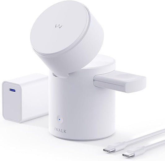 iWALK 3 in 1 Wireless Charging Stand with Auto Rotation, Charging Station with Magnet for Apple Devices, 15W Foldable Wireless Charger Station for iPhone 16 15 14 13 12 & Apple Watch & Airpods, White