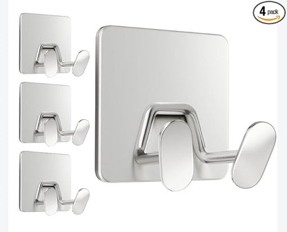 Adhesive Shower Hooks for Inside - Extra Sticky Stainless, Razor Holder Shower Accessories, Wall Mounted Self-Adhesive Double Hooks for Razor, Loofah, Towel, Shaver, Coat, Key, Silver, 4-Pack