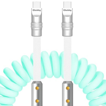 ChubbyCable Colorblock Chubby - Spring Braided Coiled USB C Charge Cable, Type C, 2.29FT-3.6FT, Light Blue+White, Car Charger Cord