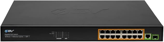 BV-Tech 16 Ports PoE+ Switch (16 Gigabit Ethernet Ports | 1 Ethernet +1 SFP Uplink) -230W - Fanless Desktop Design, Sturdy Metal Housing - 802.3af/at