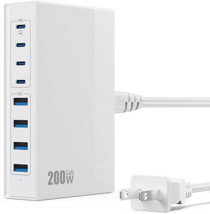200W USB C Charger Block, 8-in-1 GaN USB C Charger Fast Charging Station Hub, PD 65W Laptop Adapter for MacBook Pro/Air/Dell XPS/iPhone 16/15/14/iPad/Galaxy S24 (White)