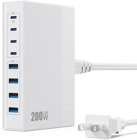 200W USB C Charger Block, 8-in-1 GaN USB C Charger Fast Charging Station Hub, PD 65W Laptop Adapter for MacBook Pro/Air/Dell XPS/iPhone 16/15/14/iPad/Galaxy S24 (White)